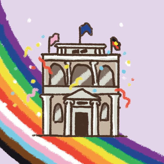 An illustration of rainbows around a town hall adorned with flags.