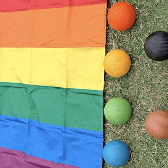 Rainbow flag laid out on a lawn next to a colleciton of coloured croqcet balls.