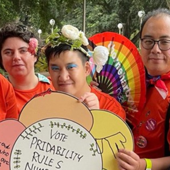 Three people holding a placard that says PrideAbility and a rainbow fan. One wears bright shadow