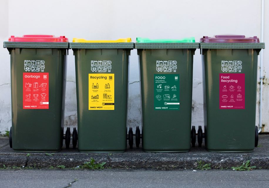 Garbage, Recycling, FOGO and Food Recycling bin in a line