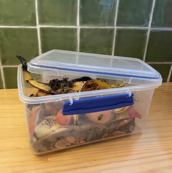 Clear tuuperware container with a lid and vegetable scraps inside