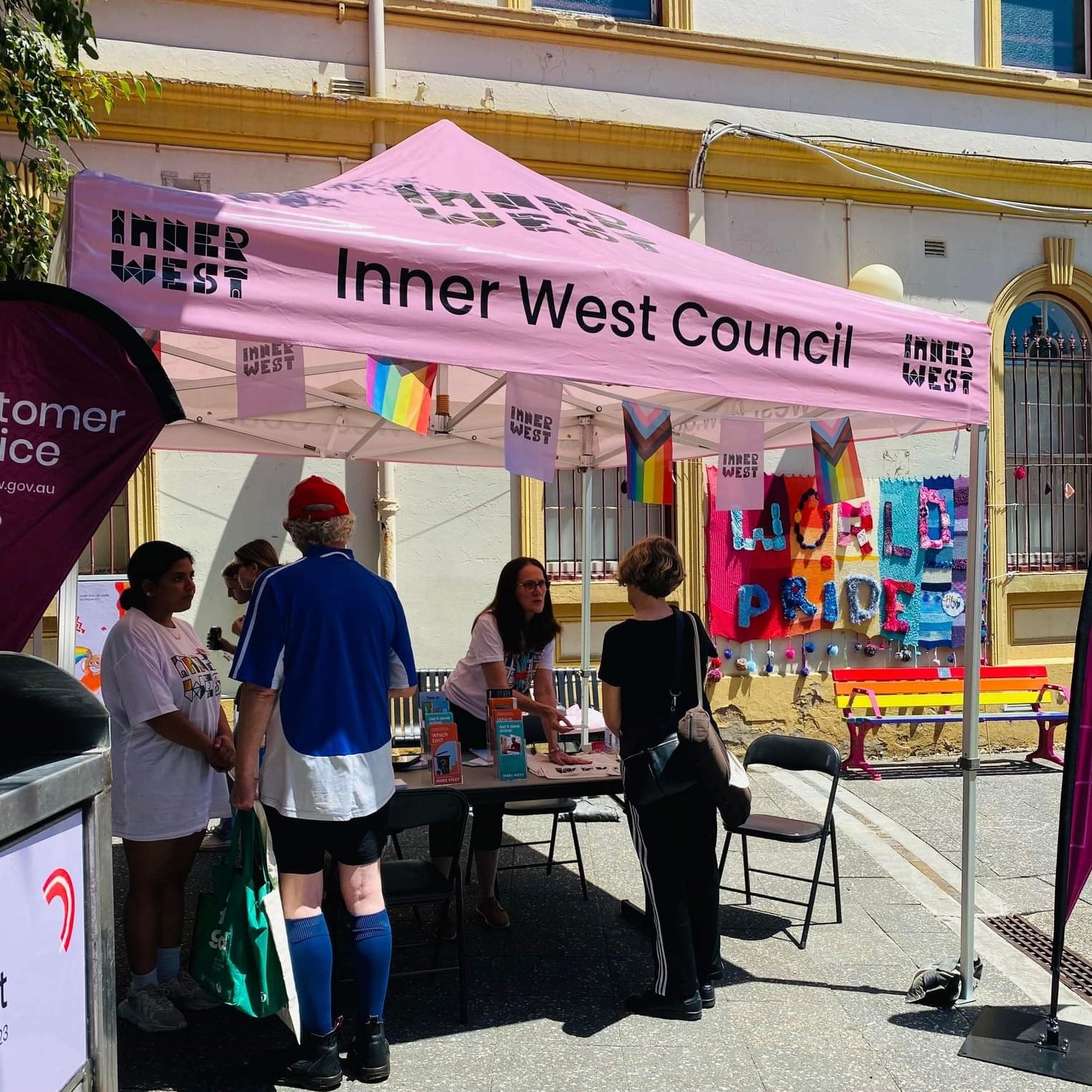 A gazebo labelled 'Inner West' in a plaza outside an inner suburban town hall