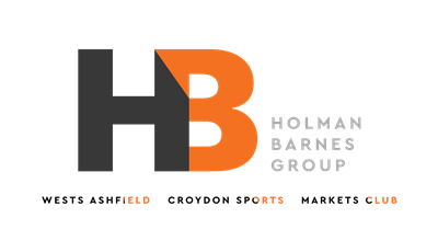 Graphic logo of grey and white text HB Holman Barnes Group Wests Ashfield Croydon Sports Markets Club