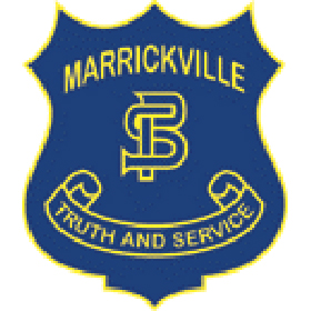 A blue and yellow logo of the Marrickville Public School