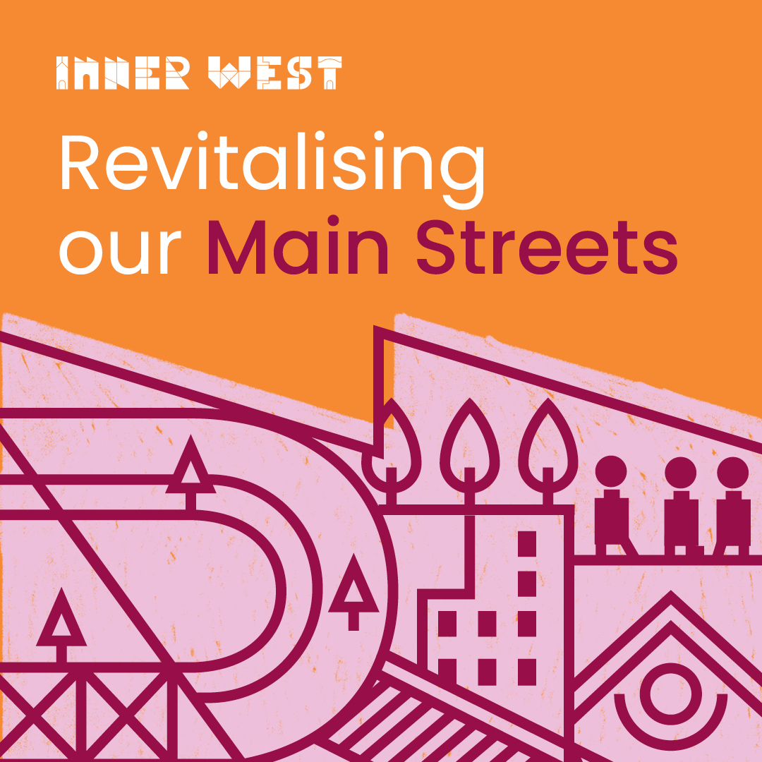 Main Streets Revitalisation program. Pink and orange graphic with with text asking for businesses and organisations to share your ideas to revitalise your main street.