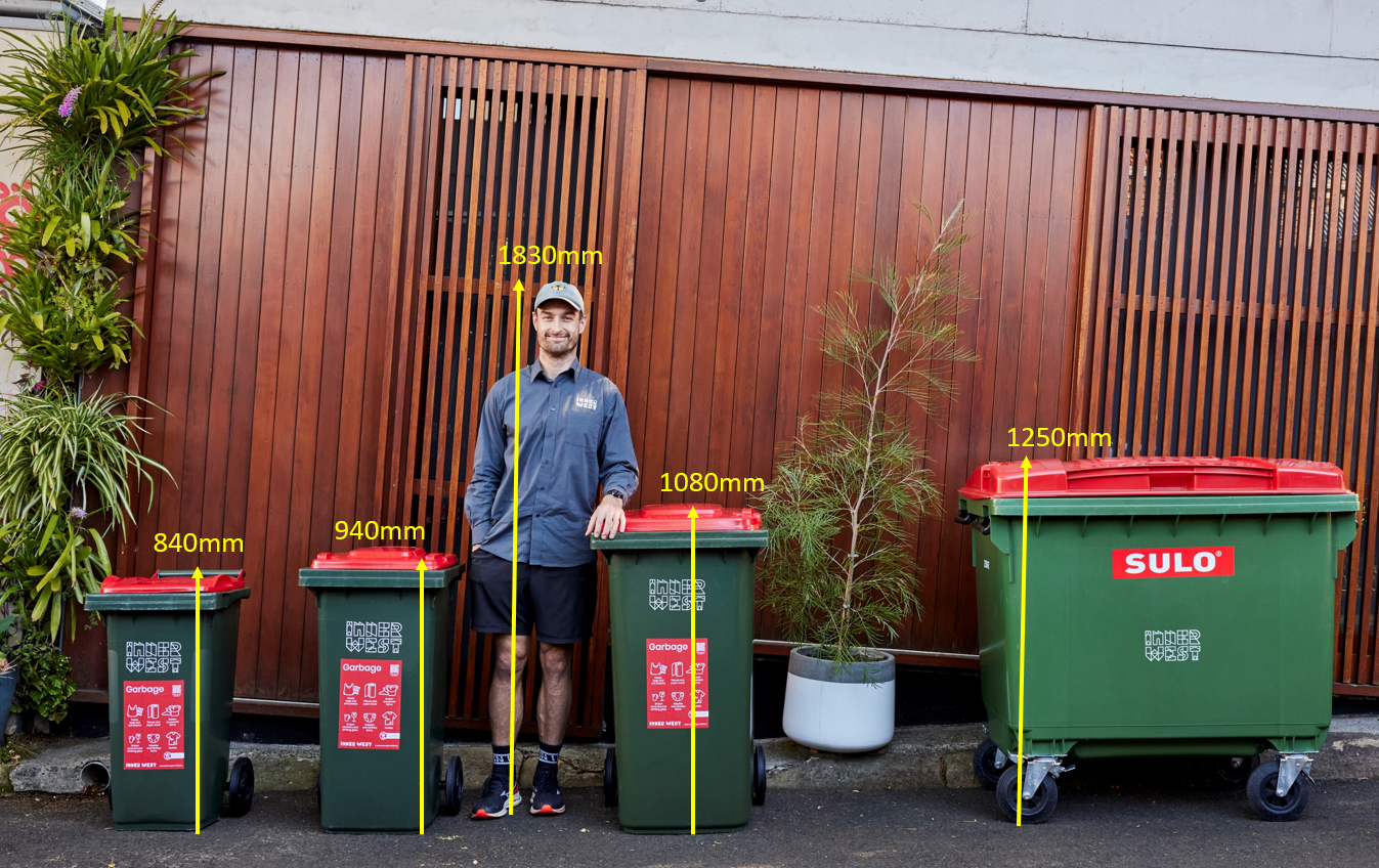 an image of a person in comparison to four Council red bin sizes