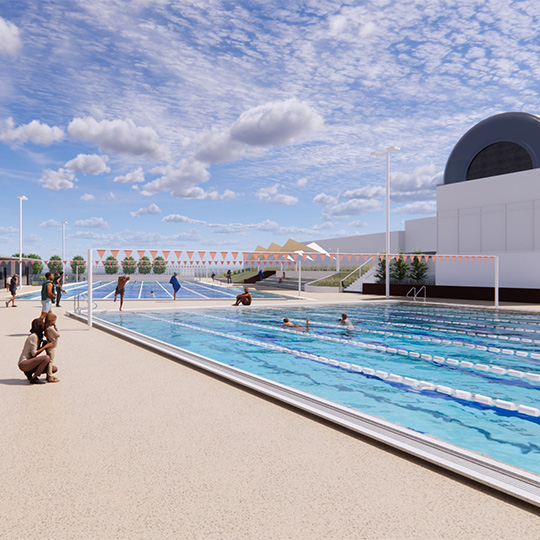 A mock-up of the design for an upgraded aquatic centre, showing two pools and an amenities building.