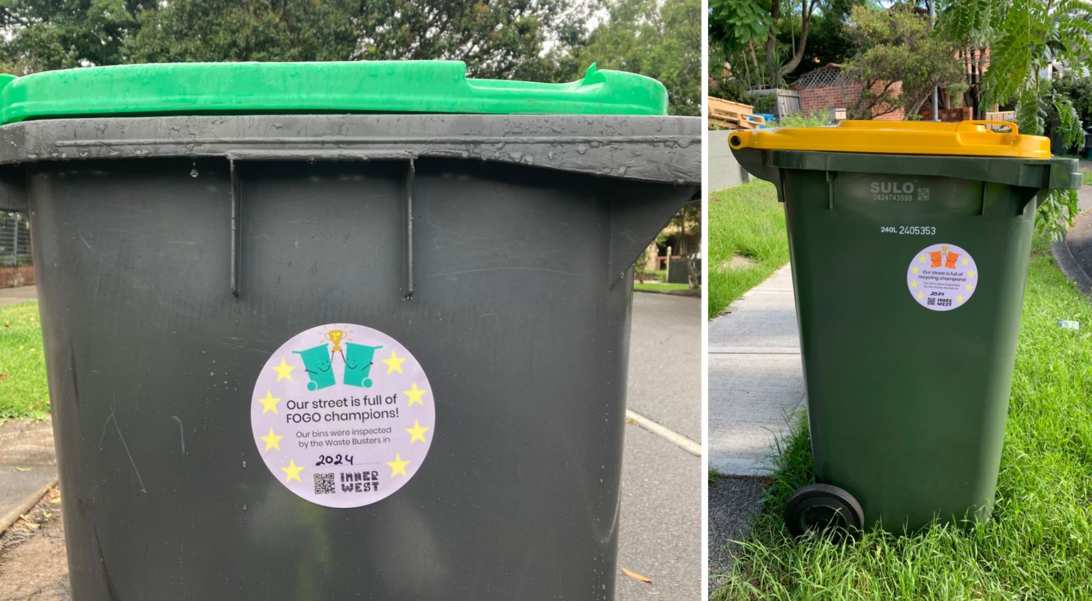 Side-on view of green lid and yellow lid bins with congratulatory stickers on them side