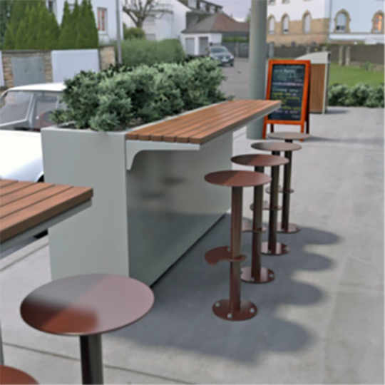 Compter generated render of outdoor wooden bar stools