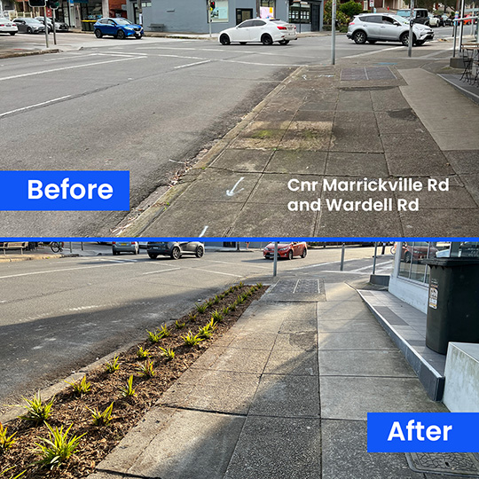 Stacked photos in a square showing a grey concrete footpath on the left and footpath planting on the right. Captions reading 'Before and After' are superimposed over the images