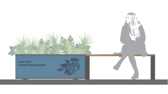 Compter generated render pf a person sitting on a piece of modem outdoor furniture with plants growing out of one side. The front of the bench is coloured blue and has writing on it. 