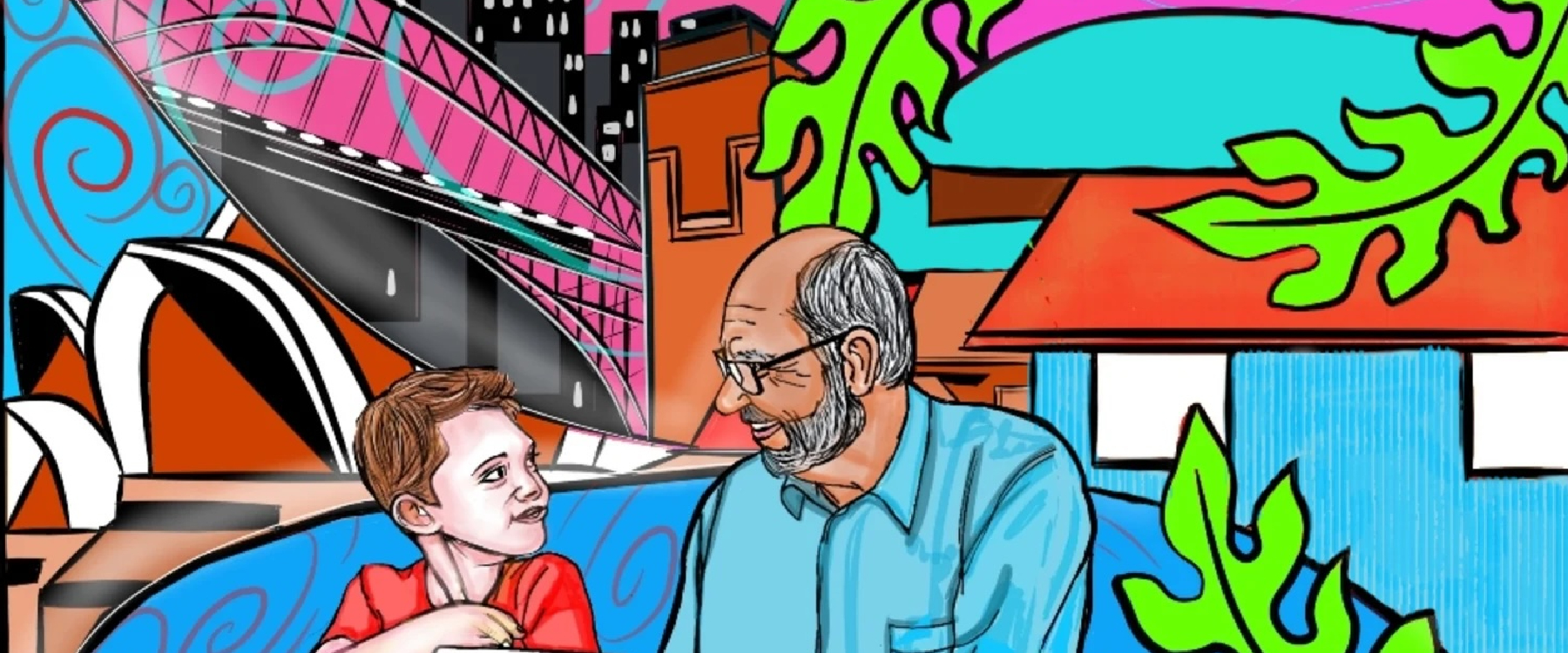 Illustration of a boy and an older figure sitting together, behind them is the opera house, harbour bridge and a street with foliage 