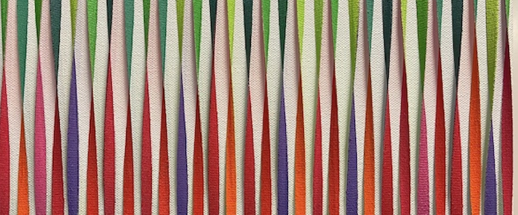 Photo of a textile artwork, looks like woven wool - very linear and ribbon like with green and pinks