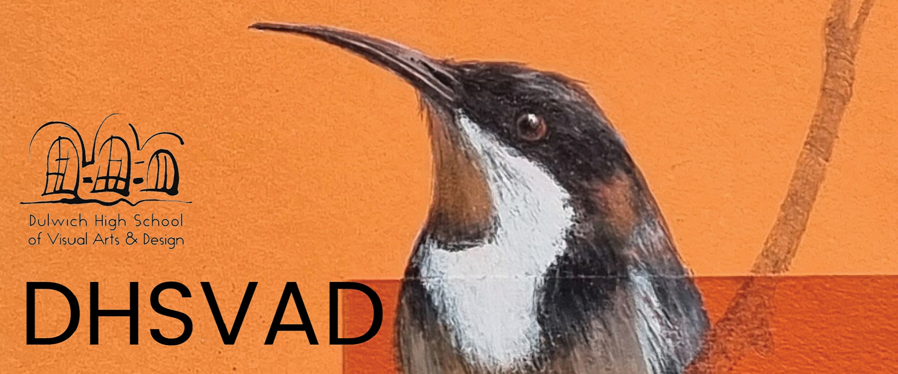 Photo of a cropped multimedia image a birds head and upper chest is featured it has a curved beak and looks like a woodland bird, the bird sits on a bright orange background with a twig, the acronym for the school Dulwich Hill School of Visual Art and Design is written in black capitals