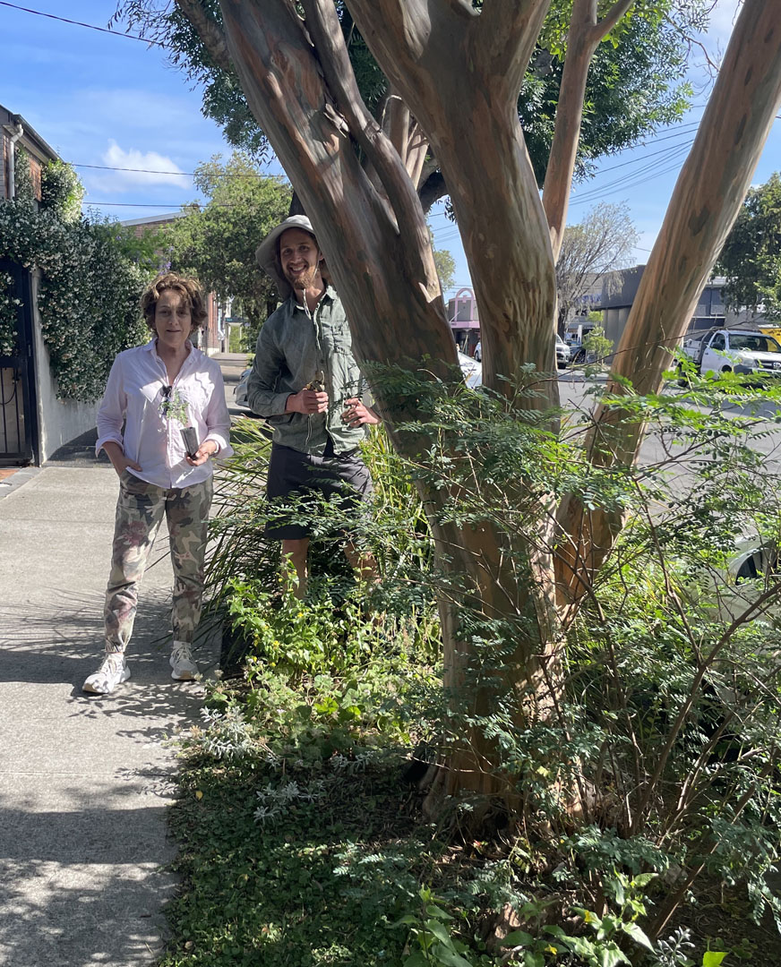 Two people standing next to a verge garden surrounding a tree.