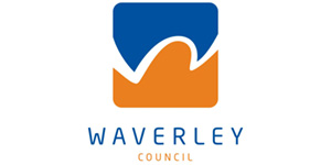 Waterley Council logo: Two blue and orange shapes forming both letter W and an abstract wave in the space between them, with the name of the council underneath