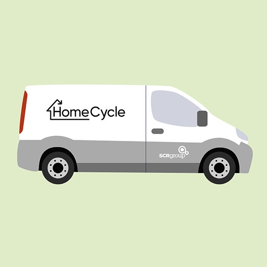 A side view of a white van with Homecycle livery.