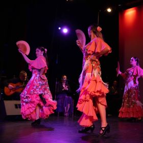 Two flamenco dancers holding fans